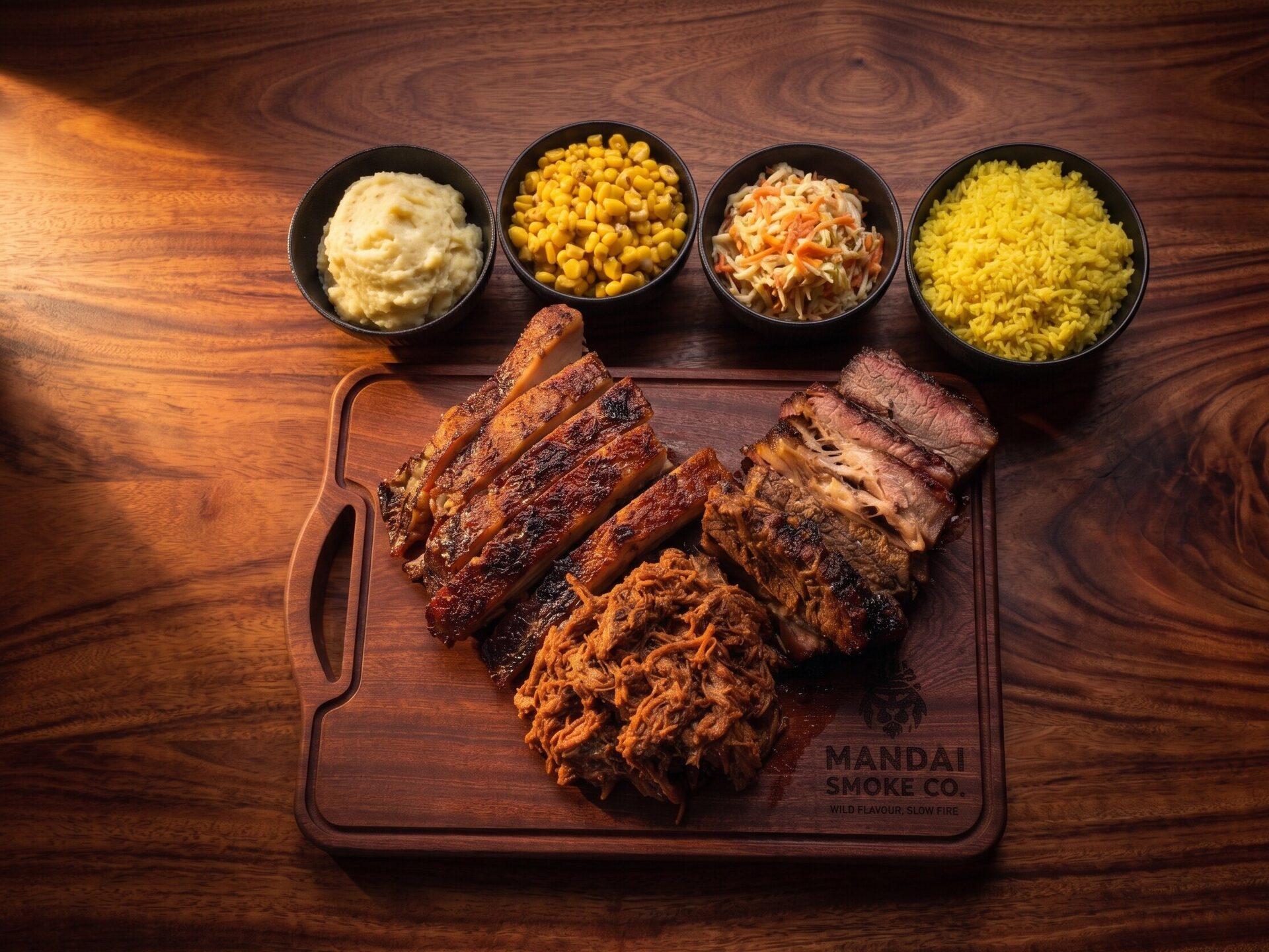 Mandai Smoke Co. signature platter — ribs, brisket, pulled pork with sides